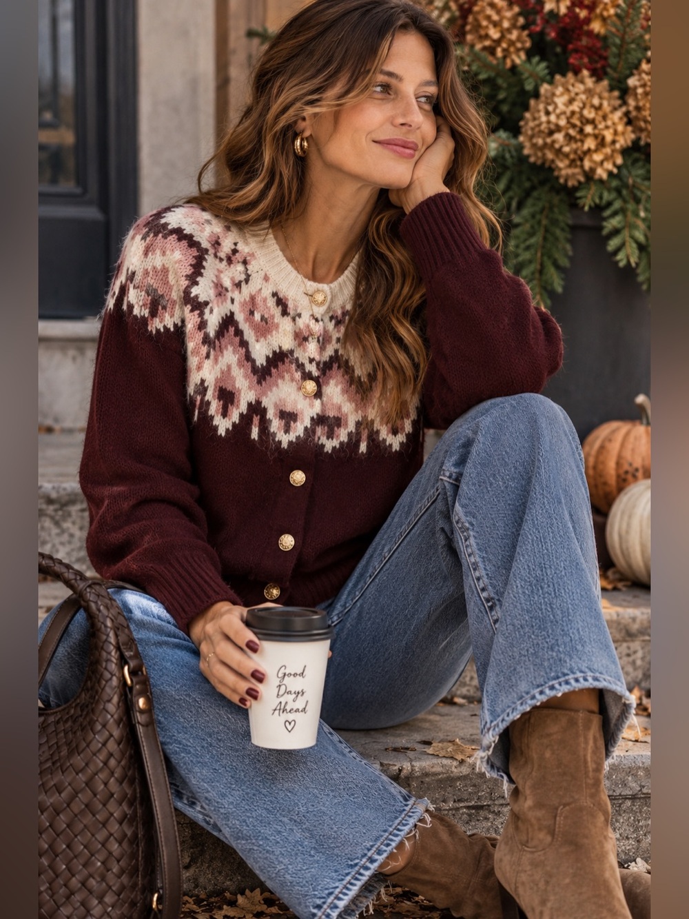 Womens Maroon Fair Isle Button-Up Sweater Cardigan Fall